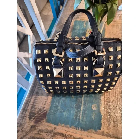 Michael Kors Grayson Navy Saffiano Leather Studded Satchel Bag and Wallet Set - Picture 6 of 10